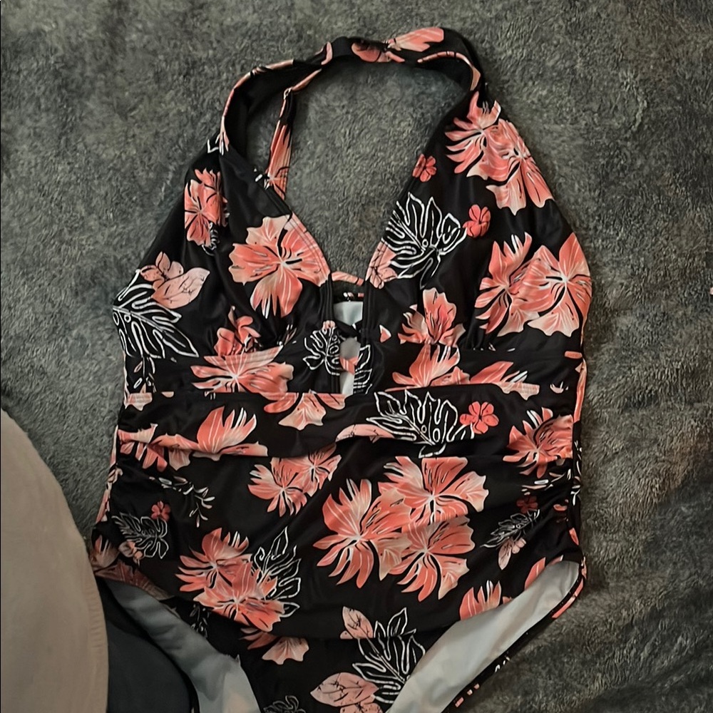 Orange and Black One Piece Swimwear with Halter Neck